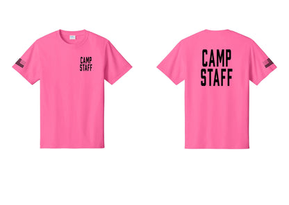 NYC Factory Unisex Camp Staff Classic T-Shirt - Chest + Back + US Flag Sleeve - Neon Pink