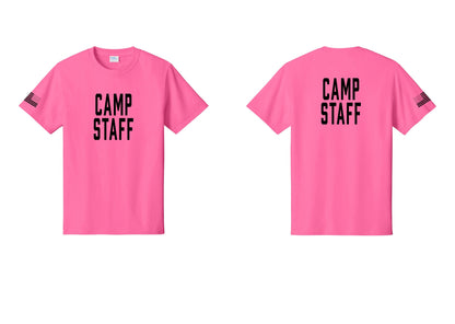 NYC Factory Camp Staff T-Shirt, Condensed Lettering - Front + Back + US Flag Sleeve - Neon Pink