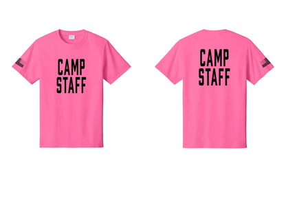 NYC Factory Unisex Camp Staff Classic T-Shirt - Front + Back + US Flag Sleeve - Neon Pink
