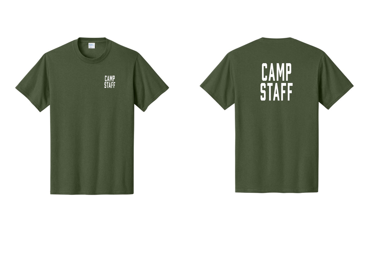 NYC Factory Camp Staff T-Shirt, Condensed Lettering - Chest + Back - Olive
