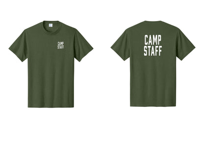 NYC Factory Camp Staff T-Shirt, Condensed Lettering - Chest + Back - Olive