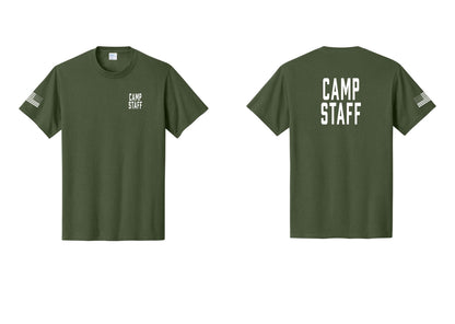 NYC Factory Camp Staff T-Shirt, Condensed Lettering - Chest + Back + US Flag Sleeve - Olive