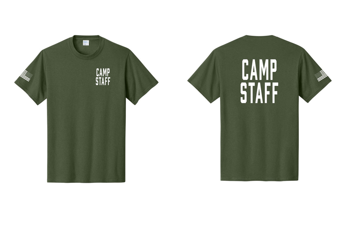 NYC Factory Unisex Camp Staff Classic T-Shirt - Chest + Back + US Flag Sleeve - Olive
