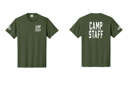 NYC Factory Unisex Camp Staff Classic T-Shirt - Chest + Back + US Flag Sleeve - Olive