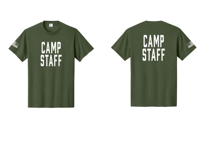 NYC Factory Unisex Camp Staff Classic T-Shirt - Front + Back + US Flag Sleeve - Olive