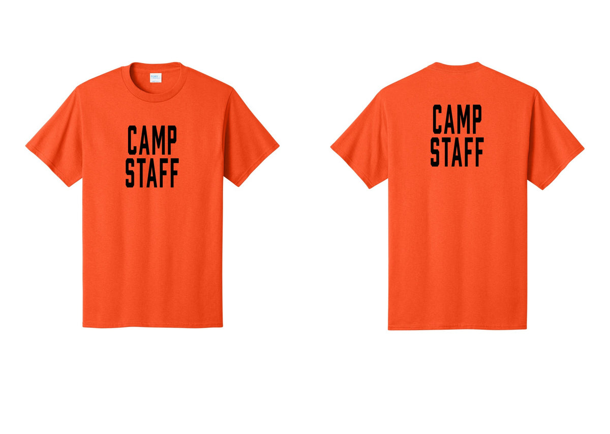NYC Factory Camp Staff T-Shirt, Condensed Lettering - Front + Back - Orange