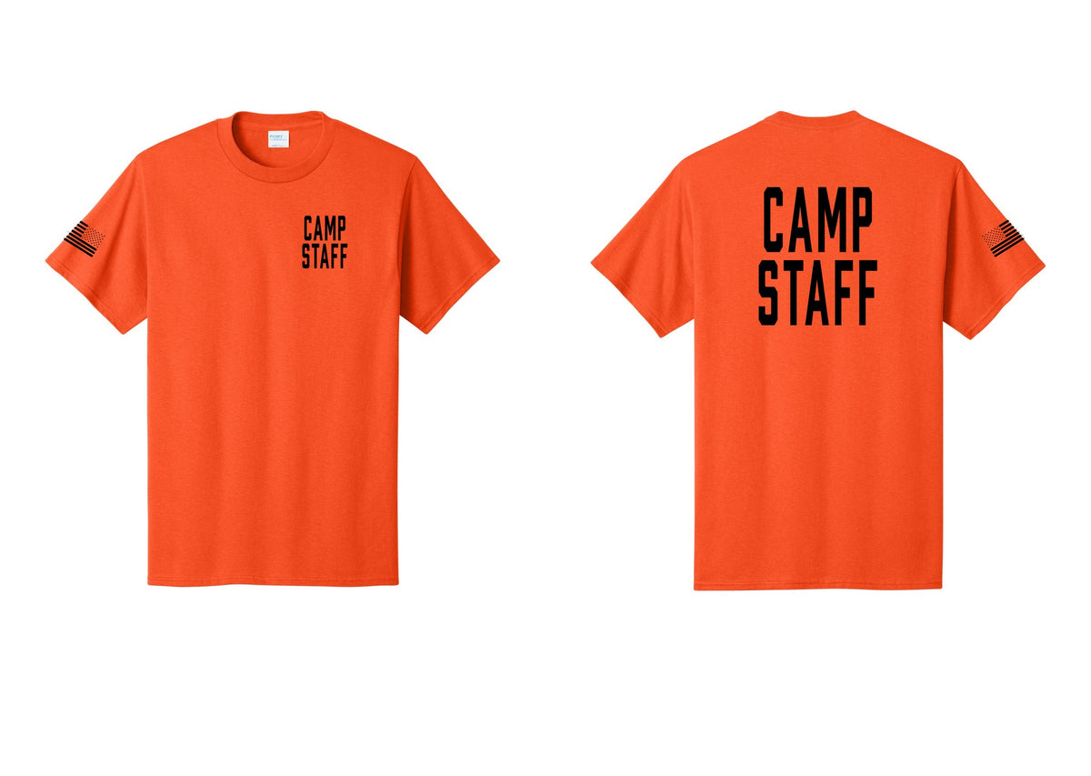 NYC Factory Unisex Camp Staff Classic T-Shirt - Chest + Back + US Flag Sleeve - Orange