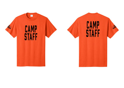 NYC Factory Unisex Camp Staff Classic T-Shirt - Front + Back + US Flag Sleeve - Orange