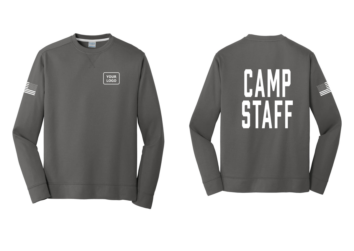 NYC Factory Custom Logo Camp Staff Performance Fleece Crewneck Sweatshirt (Classic) - Your Logo + Back + US Flag Sleeve - Charcoal
