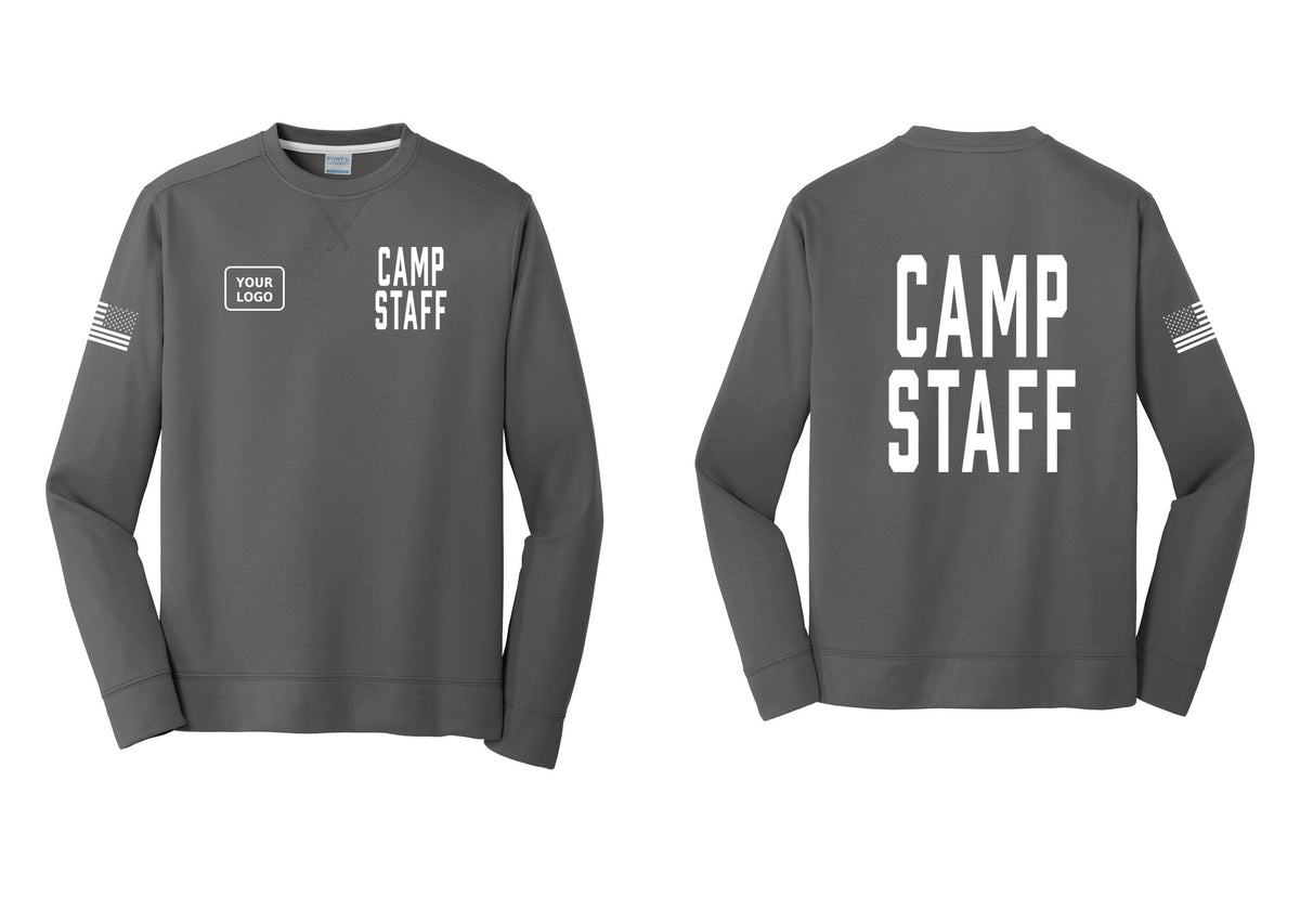 NYC Factory Custom Logo Camp Staff Performance Fleece Crewneck Sweatshirt (Classic) - CAMP STAFF + Your Logo + Back + US Flag Sleeve - Charcoal