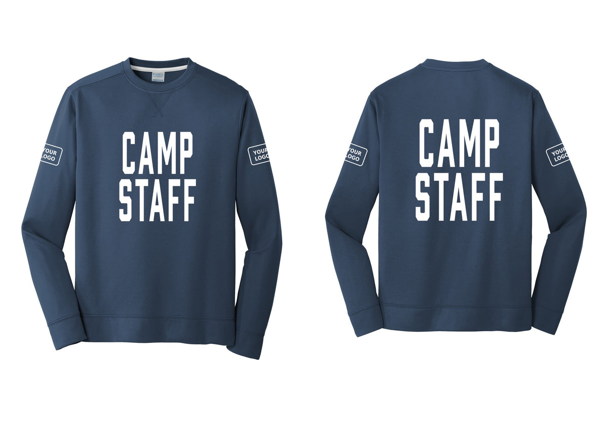 NYC Factory Custom Logo Camp Staff Performance Fleece Crewneck Sweatshirt (Classic) - Front + Back + Your Logo Sleeves - Navy