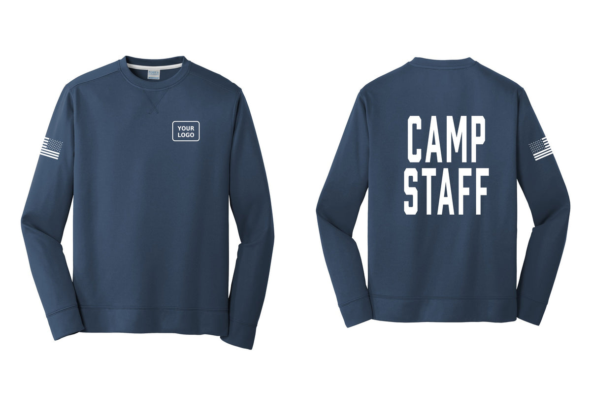 NYC Factory Custom Logo Camp Staff Performance Fleece Crewneck Sweatshirt (Classic) - Your Logo + Back + US Flag Sleeve - Navy