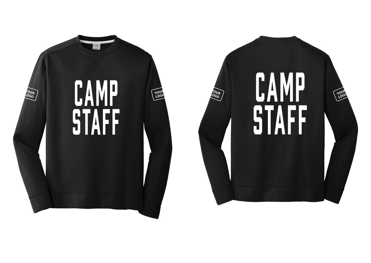 NYC Factory Custom Logo Camp Staff Performance Fleece Crewneck Sweatshirt (Classic) - Front + Back + Your Logo Sleeves - Black