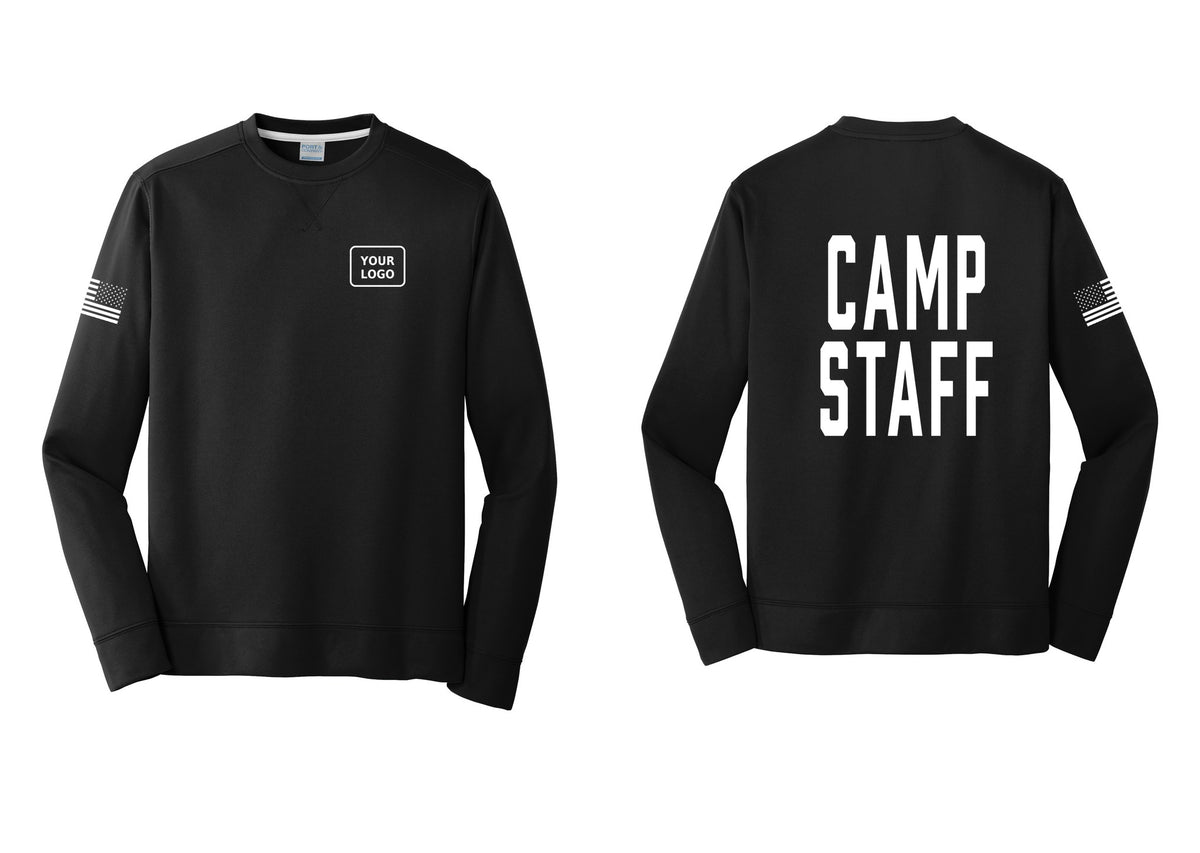 NYC Factory Custom Logo Camp Staff Performance Fleece Crewneck Sweatshirt (Classic) - Your Logo + Back + US Flag Sleeve - Black