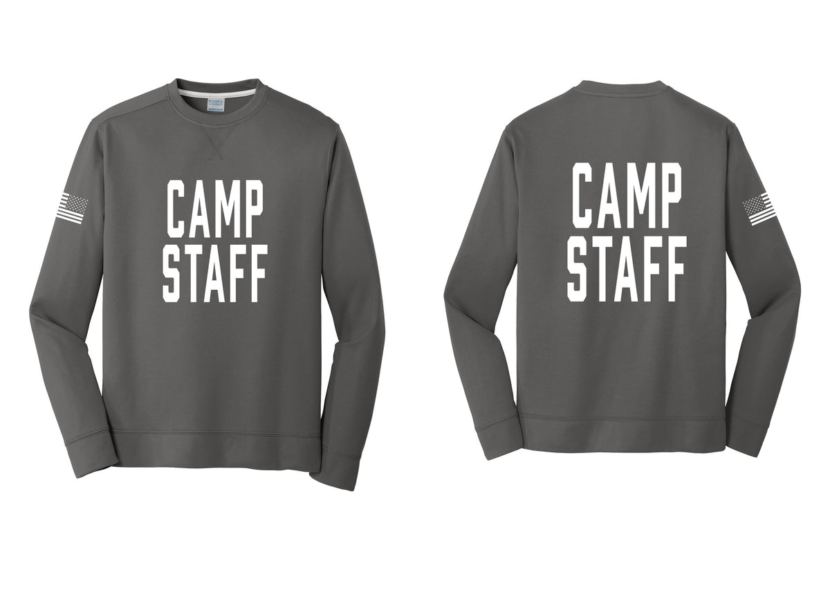NYC Factory Camp Staff Performance Fleece Crewneck Sweatshirt (Classic) - Front + Back + US Flag Sleeve - Charcoal