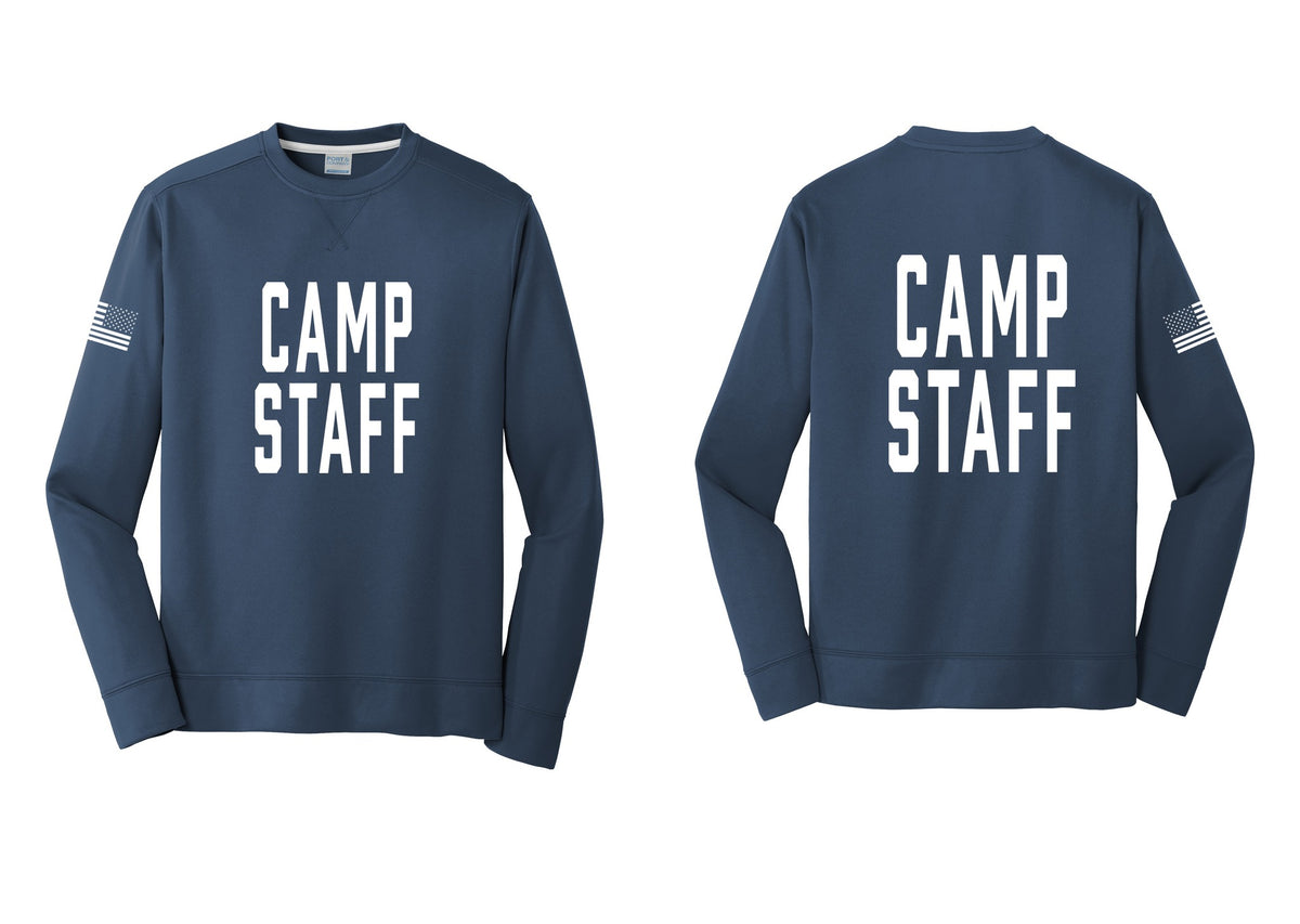 NYC Factory Camp Staff Performance Fleece Crewneck Sweatshirt (Classic) - Front + Back + US Flag Sleeve - Navy