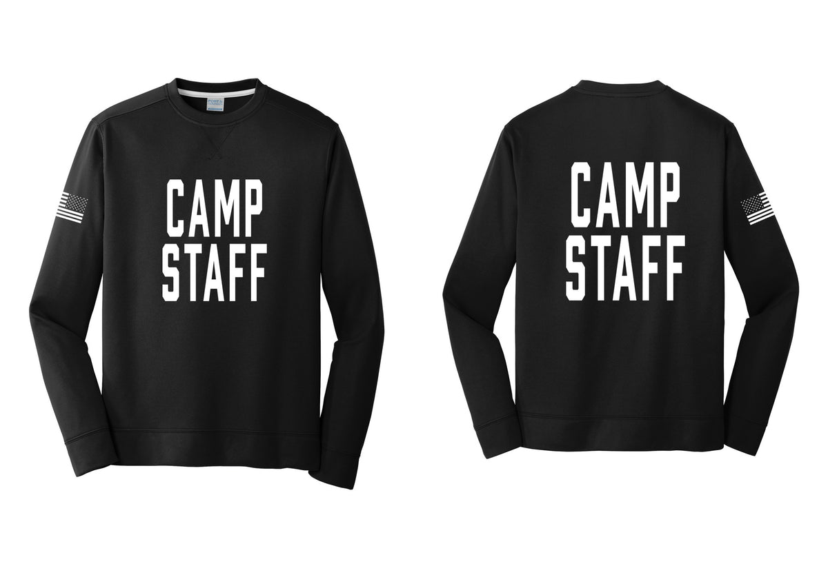 NYC Factory Camp Staff Performance Fleece Crewneck Sweatshirt (Classic) - Front + Back + US Flag Sleeve - Black