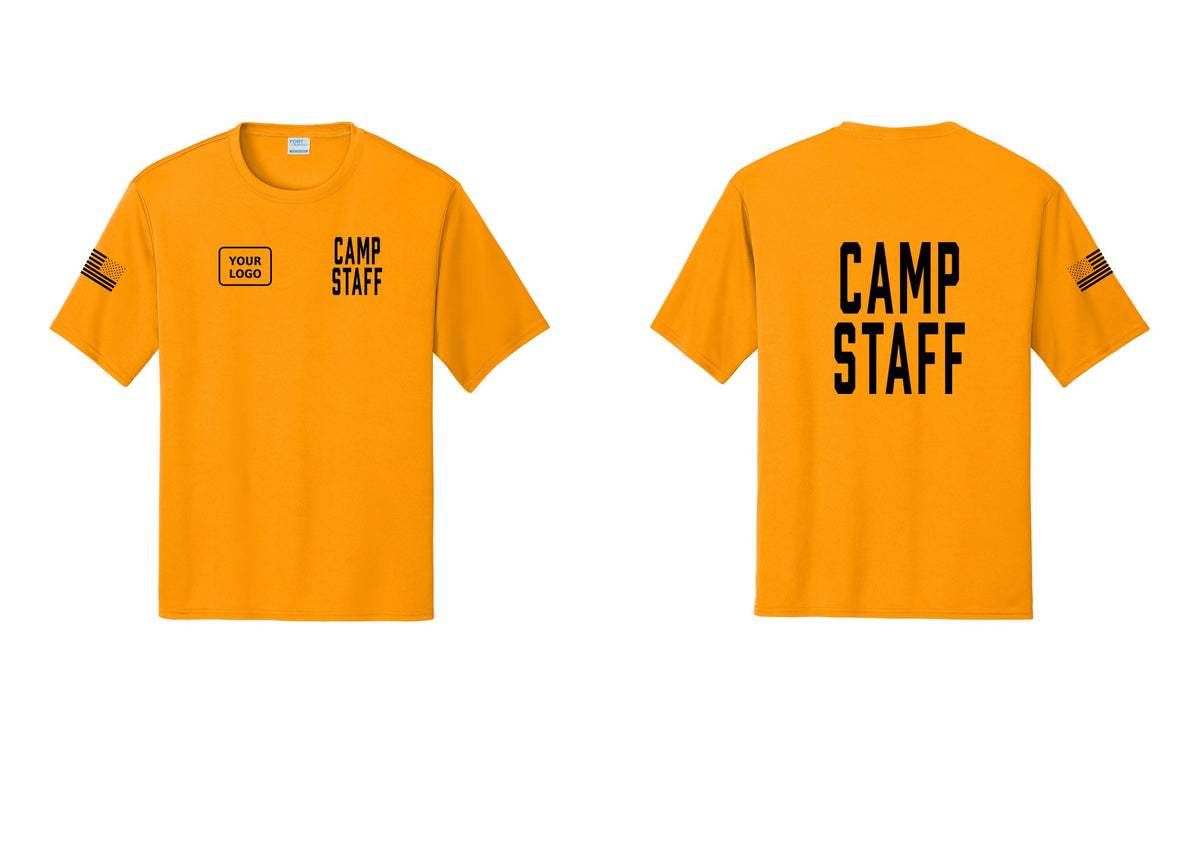 NYC Factory Custom Logo Camp Staff Performance T-Shirt (Classic) - CAMP STAFF + Your Logo + Back + US Flag Sleeve - Gold