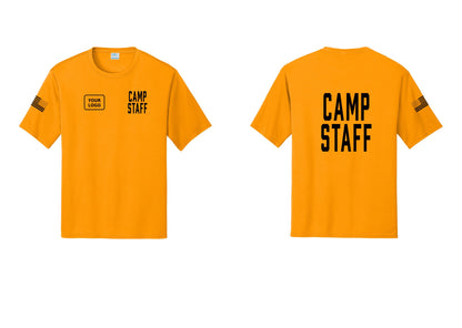NYC Factory Custom Logo Camp Staff Performance T-Shirt (Classic) - CAMP STAFF + Your Logo + Back + US Flag Sleeve - Gold