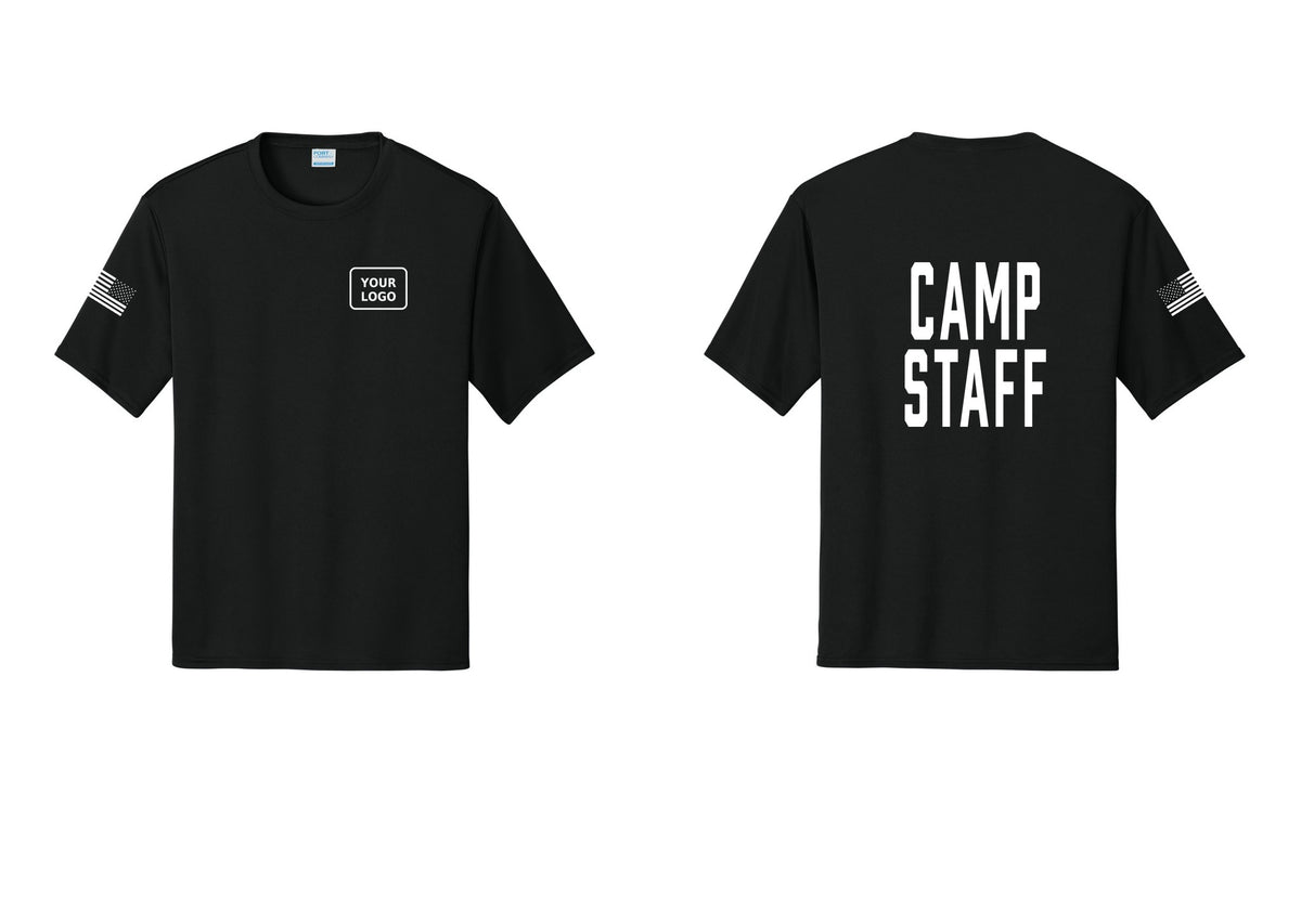 NYC Factory Custom Logo Camp Staff Performance T-Shirt (Classic) - Your Logo + Back + US Flag Sleeve - Black