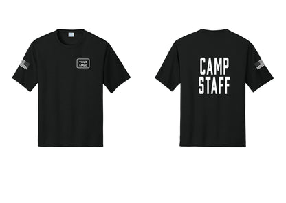 NYC Factory Custom Logo Camp Staff Performance T-Shirt (Classic) - Your Logo + Back + US Flag Sleeve - Black