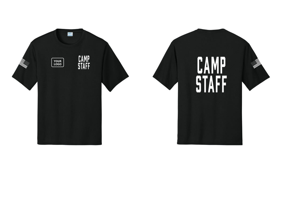NYC Factory Custom Logo Camp Staff Performance T-Shirt (Classic) - CAMP STAFF + Your Logo + Back + US Flag Sleeve - Black