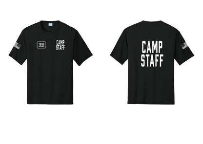 NYC Factory Custom Logo Camp Staff Performance T-Shirt (Classic) - CAMP STAFF + Your Logo + Back + US Flag Sleeve - Black