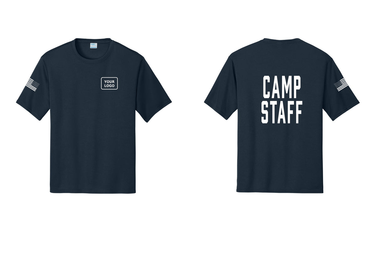 NYC Factory Custom Logo Camp Staff Performance T-Shirt (Classic) - Your Logo + Back + US Flag Sleeve - Navy
