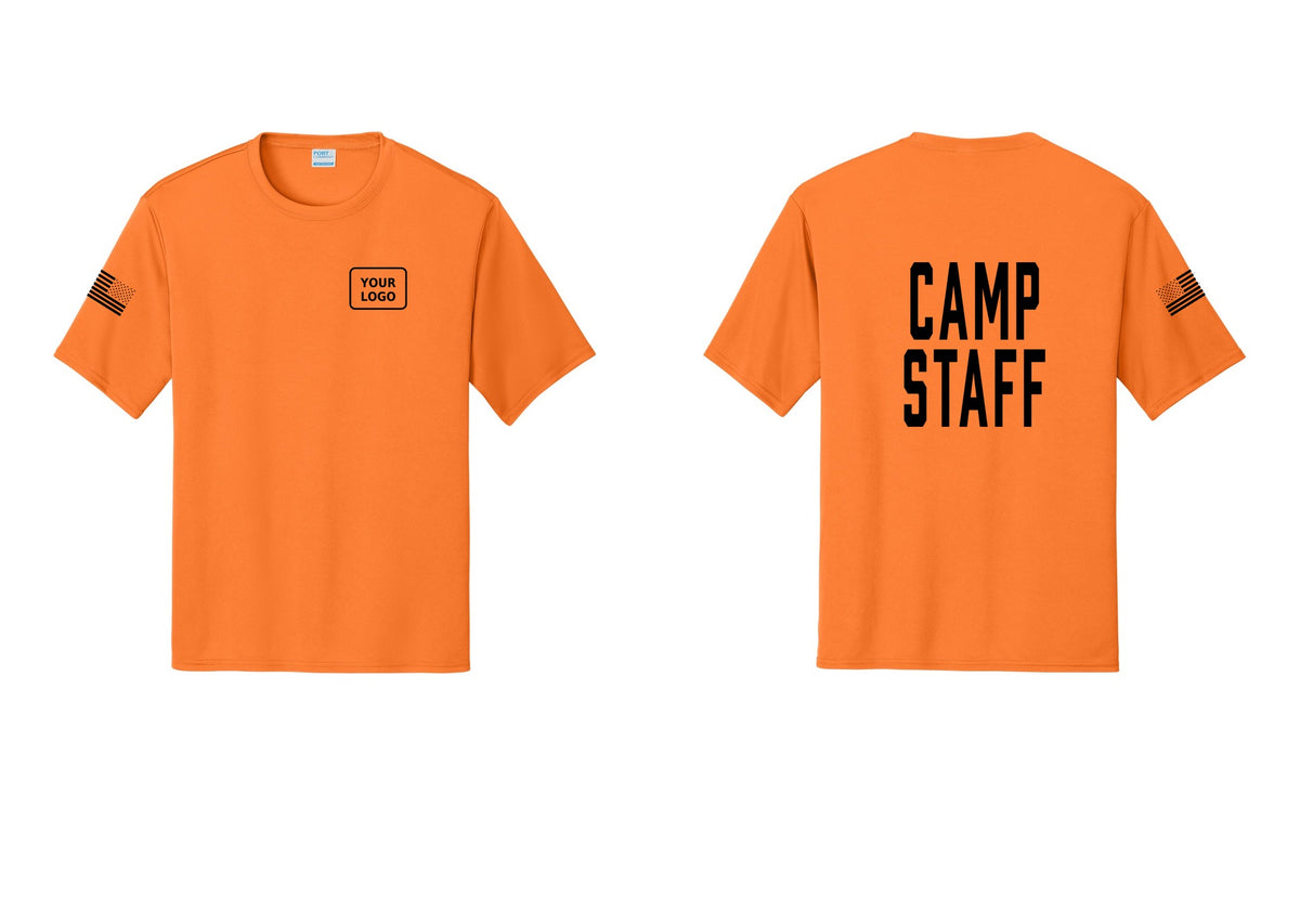 NYC Factory Custom Logo Camp Staff Performance T-Shirt (Classic) - Your Logo + Back + US Flag Sleeve - Neon Orange