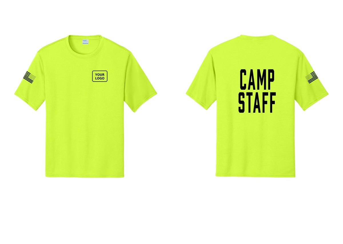 NYC Factory Custom Logo Camp Staff Performance T-Shirt (Classic) - Your Logo + Back + US Flag Sleeve - Neon Yellow
