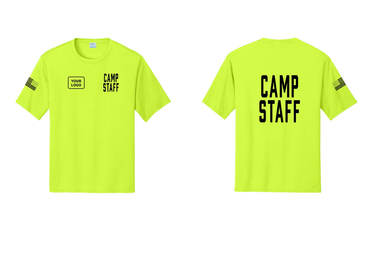 NYC Factory Custom Logo Camp Staff Performance T-Shirt (Classic) - CAMP STAFF + Your Logo + Back + US Flag Sleeve - Neon Yellow