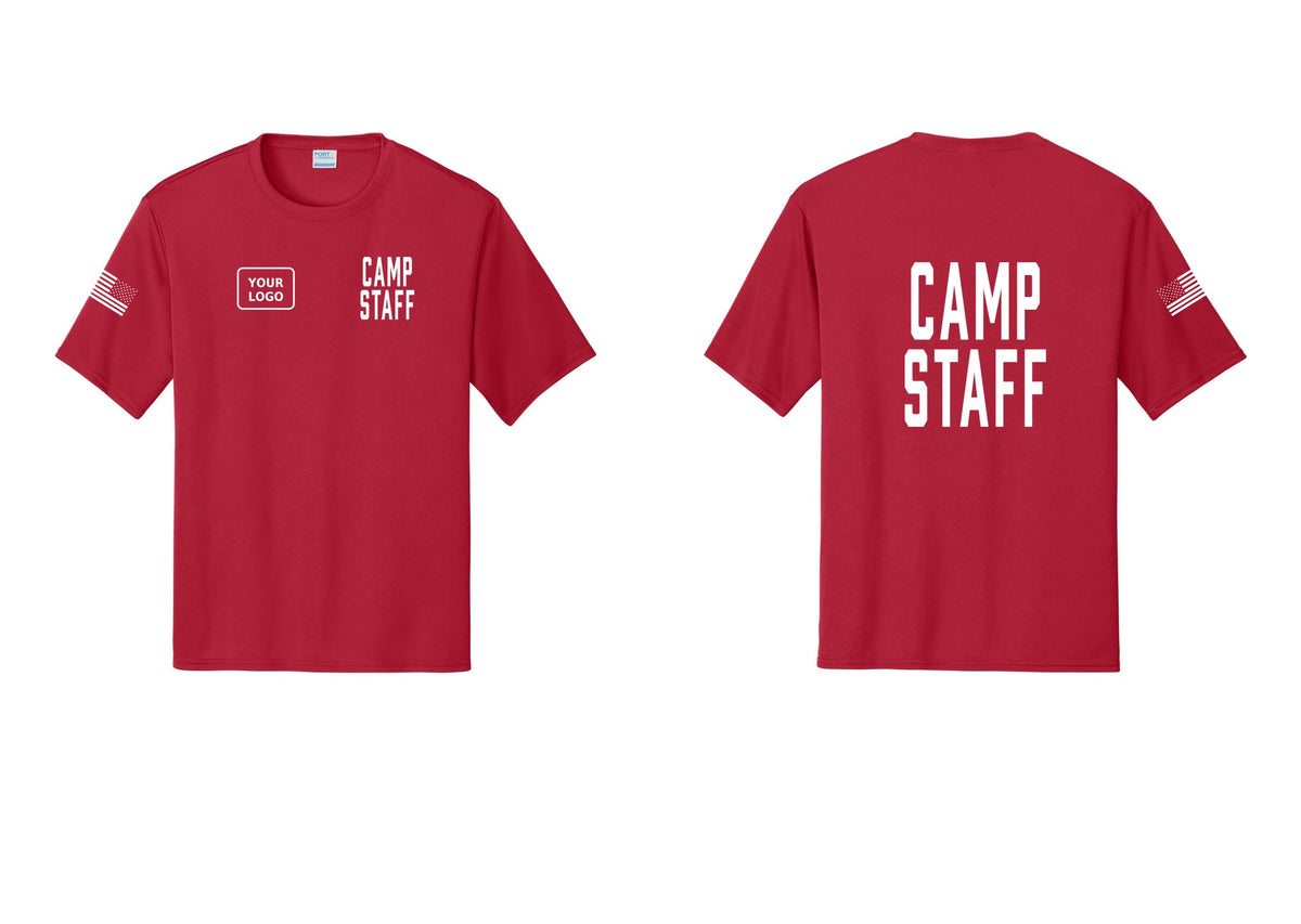 NYC Factory Custom Logo Camp Staff Performance T-Shirt (Classic) - CAMP STAFF + Your Logo + Back + US Flag Sleeve - Red