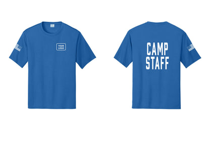 NYC Factory Custom Logo Camp Staff Performance T-Shirt (Classic) - Your Logo + Back + US Flag Sleeve - Royal