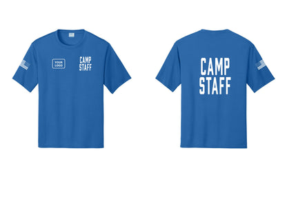 NYC Factory Custom Logo Camp Staff Performance T-Shirt (Classic) - CAMP STAFF + Your Logo + Back + US Flag Sleeve - Royal