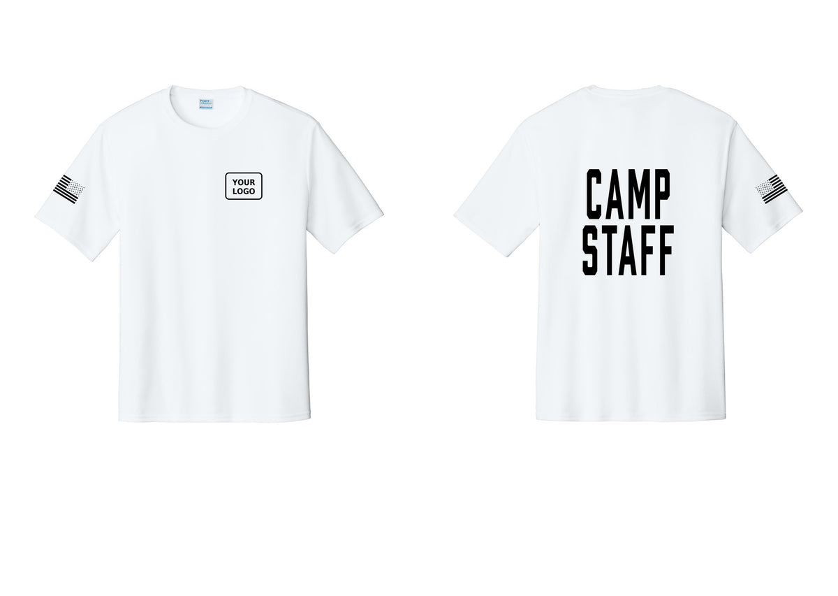 NYC Factory Custom Logo Camp Staff Performance T-Shirt (Classic) - Your Logo + Back + US Flag Sleeve - White