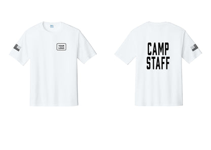 NYC Factory Custom Logo Camp Staff Performance T-Shirt (Classic) - Your Logo + Back + US Flag Sleeve - White