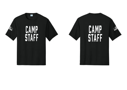NYC Factory Camp Staff Performance T-Shirt (Classic) - Front + Back + US Flag Sleeve - Black