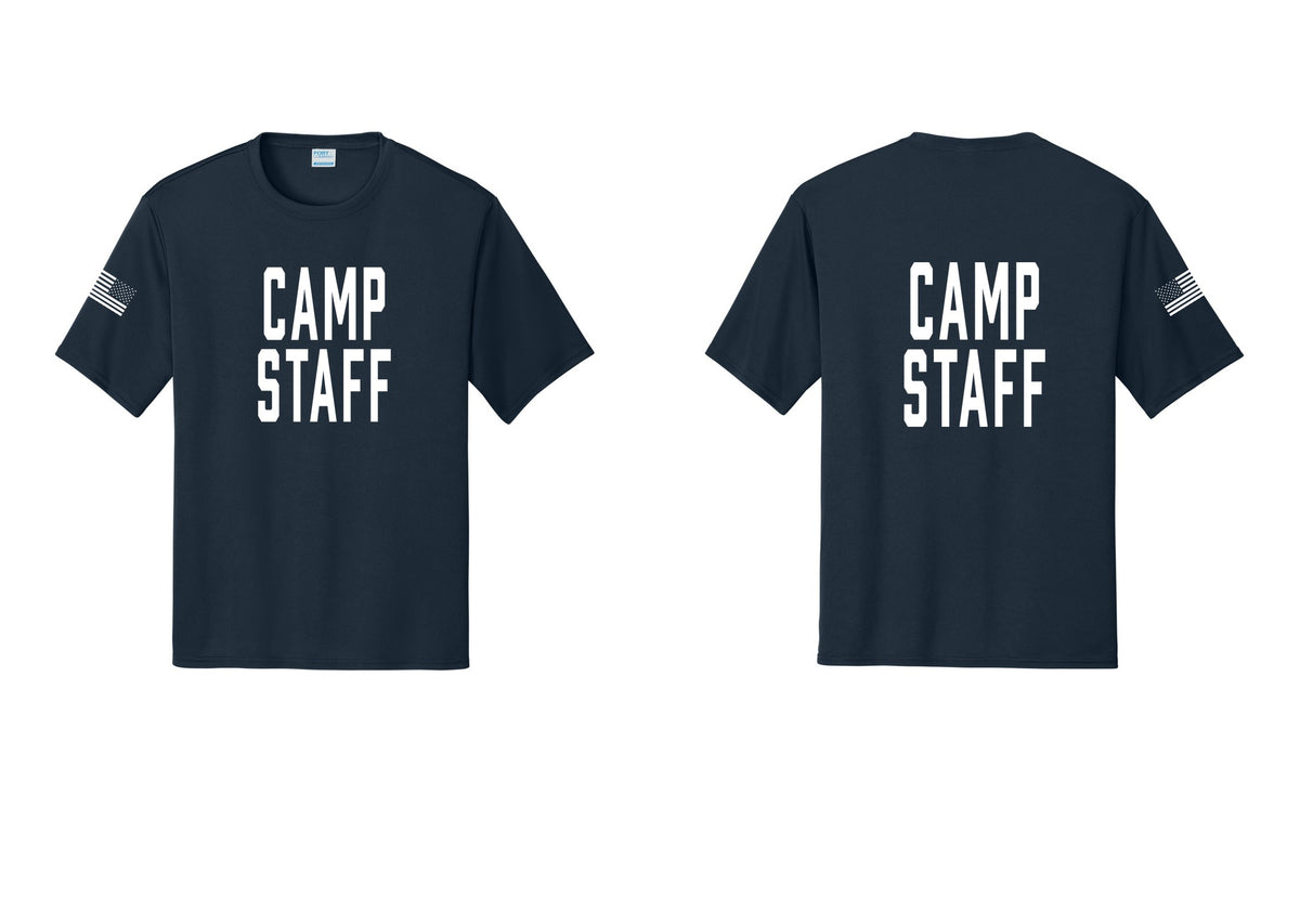 NYC Factory Camp Staff Performance T-Shirt (Classic) - Front + Back + US Flag Sleeve - Navy
