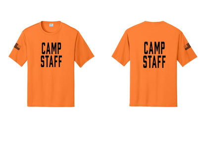 NYC Factory Camp Staff Performance T-Shirt (Classic) - Front + Back + US Flag Sleeve - Neon Orange