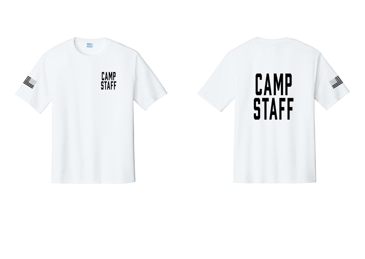 NYC Factory Camp Staff Performance T-Shirt (Classic) - Chest + Back + US Flag Sleeve - White