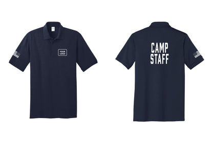 NYC Factory Custom Logo Camp Staff Polo Shirt (Classic) - Your Logo + Back + US Flag Sleeve - Navy