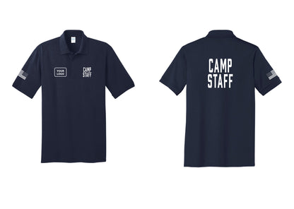 NYC Factory Custom Logo Camp Staff Polo Shirt (Classic) - CAMP STAFF + Your Logo + Back + US Flag Sleeve - Navy