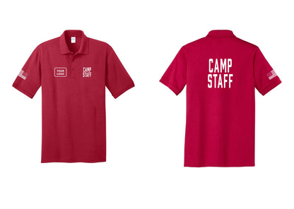 NYC Factory Custom Logo Camp Staff Polo Shirt (Classic) - CAMP STAFF + Your Logo + Back + US Flag Sleeve - Red