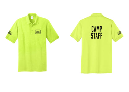 NYC Factory Custom Logo Camp Staff Polo Shirt (Classic) - Your Logo + Back + US Flag Sleeve - Safety Green