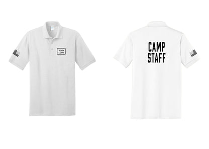 NYC Factory Custom Logo Camp Staff Polo Shirt (Classic) - Your Logo + Back + US Flag Sleeve - White