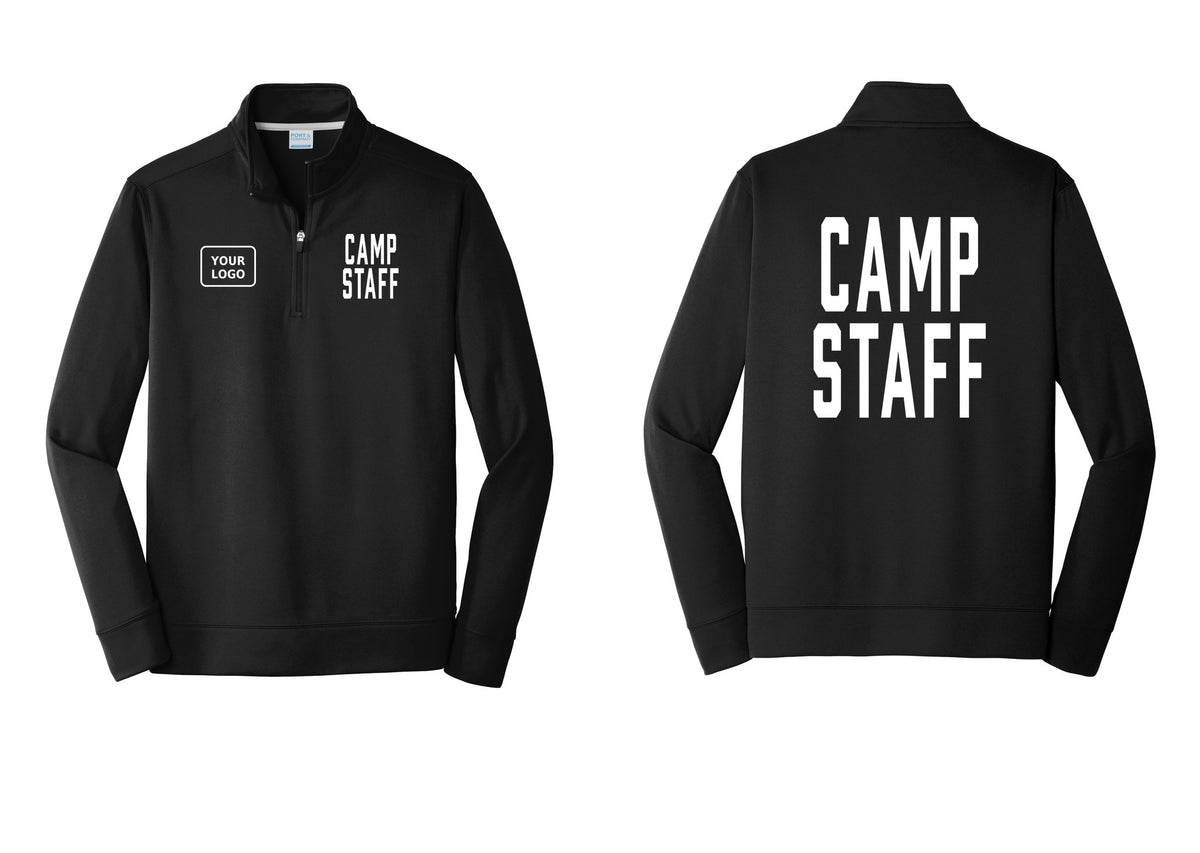NYC Factory Custom Logo Camp Staff Performance Fleece 1/4-Zip Pullover Sweatshirt (Classic) - CAMP STAFF + Your Logo + Back - Black