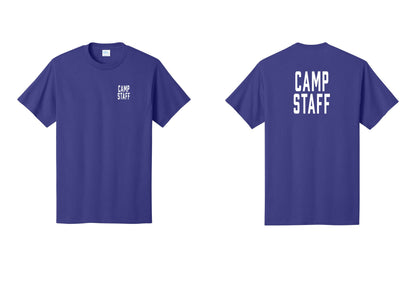 NYC Factory Camp Staff T-Shirt, Condensed Lettering - Chest + Back - Purple