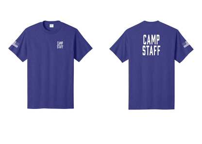 NYC Factory Camp Staff T-Shirt, Condensed Lettering - Chest + Back + US Flag Sleeve - Purple