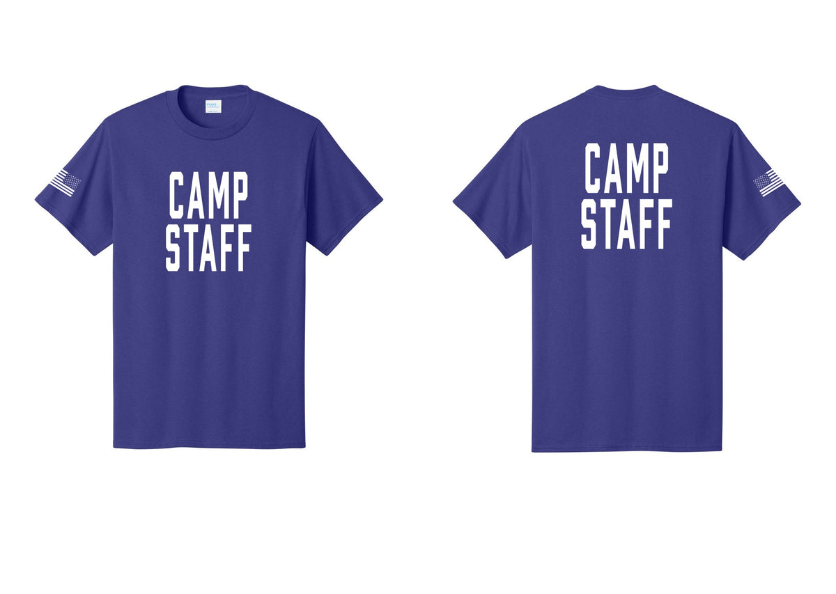 NYC Factory Unisex Camp Staff Classic T-Shirt - Front + Back + US Flag Sleeve - Purple