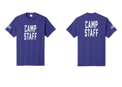 NYC Factory Unisex Camp Staff Classic T-Shirt - Front + Back + US Flag Sleeve - Purple